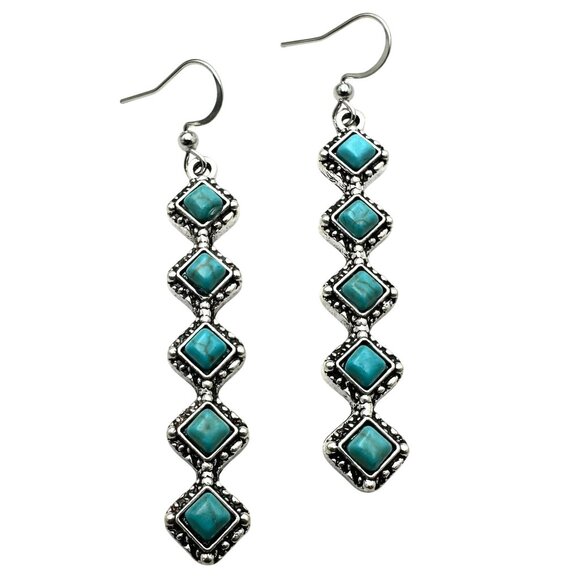 Western Style Silver Tone Chandelier Pierced Earrings Faux Turquoise 2.5" - Picture 1 of 5